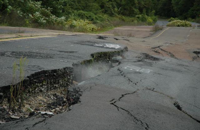 Cracked and heaved pavement of Route 61 near Centralia over the underground coal fire in summer 2006.