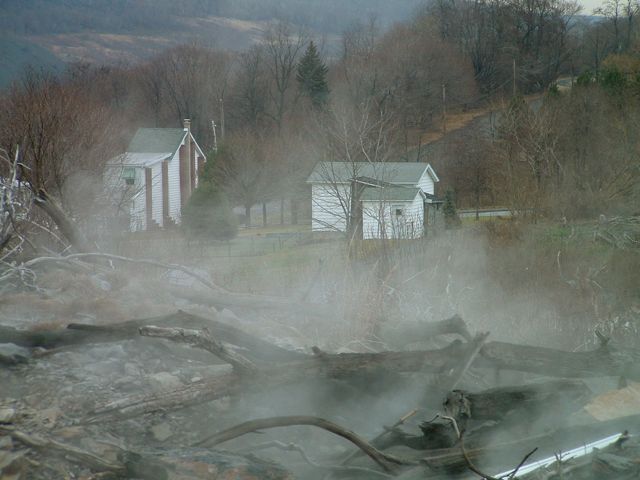 Steam and smoke rising from the ground in Centralia in December 2006.