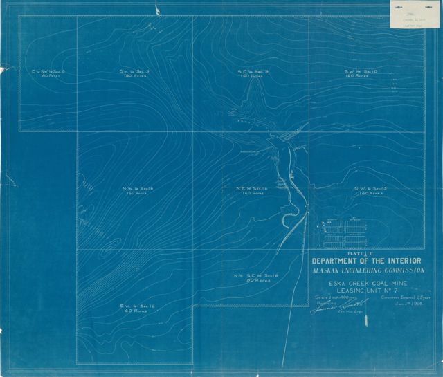 The Eska Creek coal mine leasing unit number 7 in Alaska, a scanned Alaskan Engineering Commission mine map held by the National Archives.