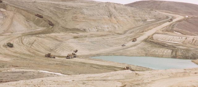 The Sunset uranium mine in Wyoming during reclamation of its highwalls, pits, open shafts and spoil piles.
